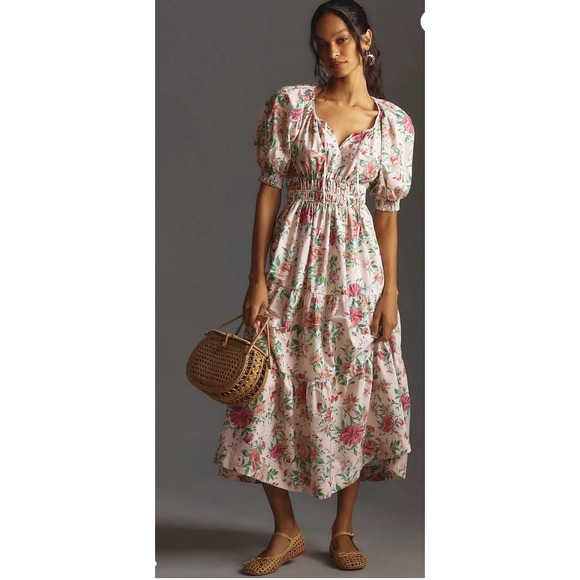Anthropologie Dresses & Skirts - Anthropologie Somerset Puff Sleeve Dress Pink Floral Smocked Tiered Maxi Neutral